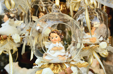 Cupid in Glass bauble for tree decoration.
Christmas market in Salzburg Austria.
