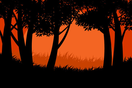 Beautiful silhouette tree forest scene vector nature landscape backgrounds