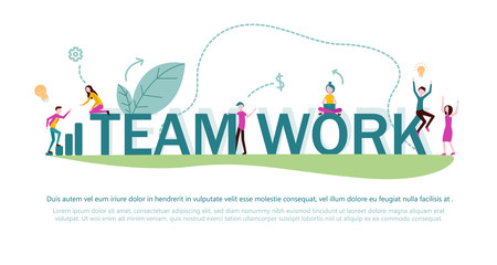 Teamwork. Landing page template with people. Flat style.