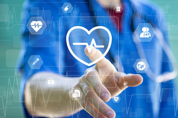 Doctor pushing button heart pulse health care network on internet panel medicine.