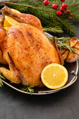 Fototapeta na wymiar Roasted chicken with rosemary served on a metal plate with lemon on black table. Christmas turkey. Copy space.