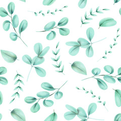 Seamless floral pattern with eucalyptus branches, hand drawn isolated on a white background