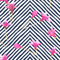 Obraz premium Seamless watercolor pattern with tropical leaves and stripes, beautiful hibiscus flowers