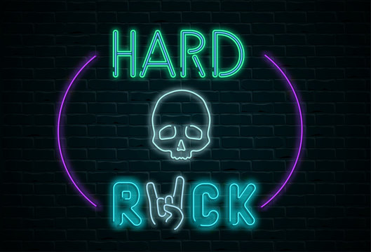 Hard rock colorful signboard on black realistic bricklaying wall.