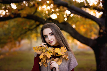 Seasonal autumn fashion portrait. Modern young woman wearing fashionable warm clothes posing in the autumn park holding yellow leaves.