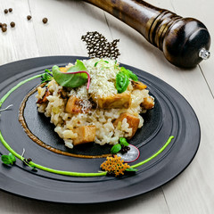 Gourmet Italian risotto cooked in a vegetable broth with porcini mushrooms and parmesan cheese served on an expensive exclusive plate.