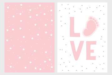 Cute Baby Shower Vector Card. Hand Drawn Baby Shower Vector Illustration Set. Cute Little Baby Foot, Pink Love. White Background. Light Pink Pastel Simple Design.