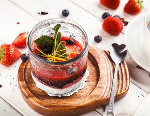 Chia pudding with berries, healthy restaurant dessert