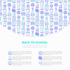 Fototapeta na wymiar Back to school concept with thin line icons: backpack, bell, book, microscope, knowledge, owl, graduation cap, bus, chemistry, mathematics, physics, exam. Vector illustration, print media template.