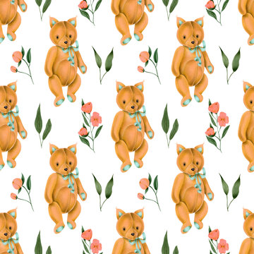 Seamless pattern with hand-painted soft plush toy fox and pink flowers on a white background