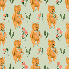 Seamless pattern with hand-painted soft plush toy fox and pink flowers on a grey background