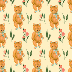 Seamless pattern with hand-painted soft plush toy fox and pink flowers on a pink background
