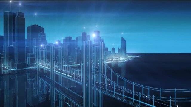 Set of animations around a digital futuristic blue neon city. Perfect for futuristic and sci-fi backgrounds or technology products.