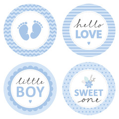 Fototapeta na wymiar Cute Baby Shower Vector Sticker. Round Tags, Blue Color. Baby Feet in a Circle with Chevron. Little Boy. Hello Love in Striped Circle. Sweet One with Flower Bunch in a Circle with Dots. Tags Set.