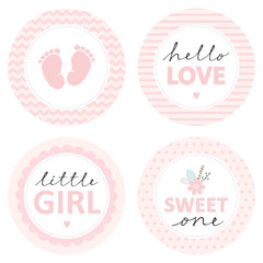Cute Baby Shower Vector Sticker. Round Tags, Pink Color. Baby Feet in a Circle with Chevron. Little Girl. Hello Love in Striped Circle. Sweet One with Flower Bunch in a Circle with Dots. Tags Set.