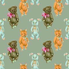 Seamless pattern with hand-painted soft plush toys (fox, rabbit and bear) on a grey background