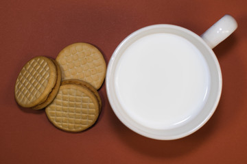 three cookies with a mag of milk on orange background