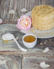Obraz na płótnie Canvas Sweet homemade layered honey cake on a table with nuts
