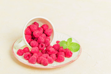 Ripe raspberries with green mint leaves in cup and saucer on pastel yellow background.