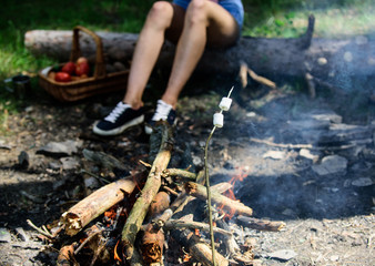 Camp tradition. Marshmallows on stick with bonfire and smoke on background. Holding marshmallow on stick. Roasty, toasty marshmallows such quintessential taste of picnic. How to roast marshmallows