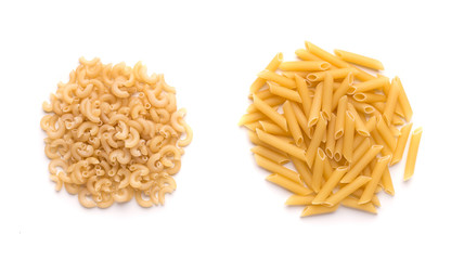 Two sorts of gluten free pasta on white isolated background
