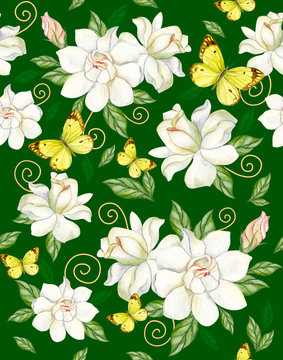 Watercolor Seamless Pattern With White Gardenias And Yellow Butterflies On A Green Background.