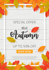 Autumn sale background with leaves. Can be used for shopping sale, promo poster, banner, flyer, invitation, website or greeting card. Vector illustration