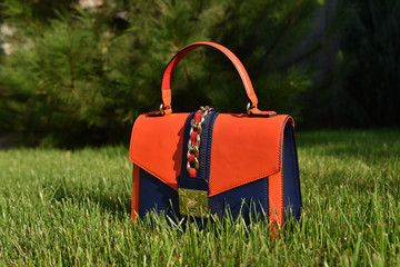 front view of orange and purple women handbag on green grass