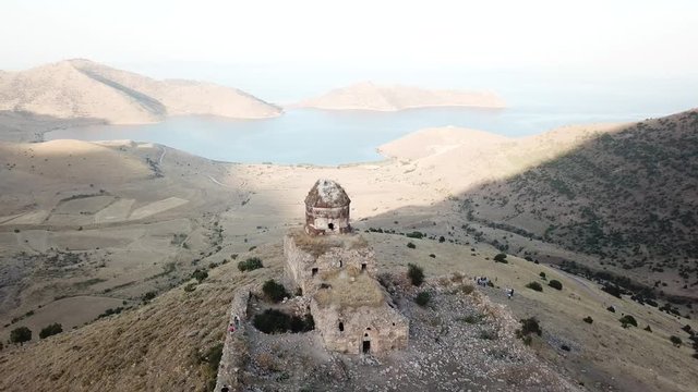 historic church on the mountain in Turkey - van, with aerial drone shooting.

