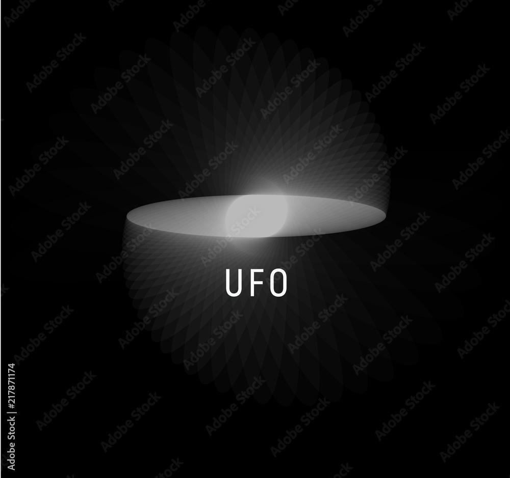 Poster Flying disc vector logo template. UFO abstract vector illustration. White glowing circles of regular shape in the sky. Blur round shapes. Glow in the sky, an unidentified flying object.
