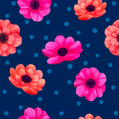 Fototapeta na wymiar Luminous tropical seamless pattern with 3d style flowers and polka dots on navy background. Trendy design for wallpapers, wrapping, textile, screensavers, wedding or greeting cards. vector
