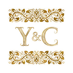 Y and C initials vintage logo. The letters surrounded by ornamental elements. Wedding or business partners monogram in royal style.