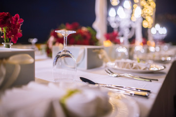 Table setting at a luxury dinner wedding.