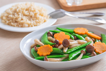 Stir fried mixed vegetables and brown rice, Vegetarian food