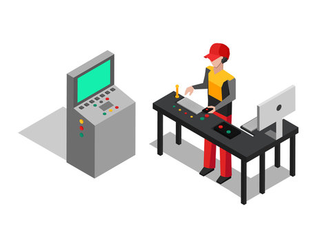 Factory and Operator at Work Vector Illustration