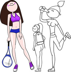 Young beautiful girl engaged in various sports, running, tennis, a set of color drawings for advertising a gym, healthy lifestyle, in vector