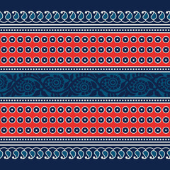 Woodblock printed seamless indigo dye ethnic floral border. Traditional oriental ornament of India , geometric motif with paisleys, dots and flowers pattern, red and teal on navy blue background. - 217873726