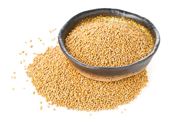 Heap of raw, unprocessed mustard seed kernels in bowl on white
