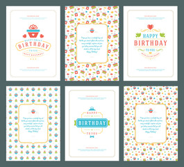 Happy Birthday greeting cards typographic design set vector illustration.