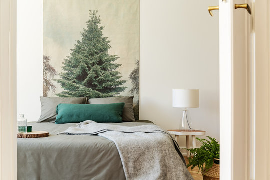 Blanket on grey bed in hotel bedroom interior with tree painting and lamp on table. Real photo
