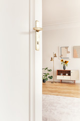 Obraz na płótnie Canvas White door in bright living room interior with sunflowers on cupboard on wooden floor. Real photo