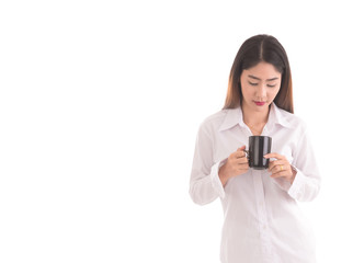 Fototapeta premium asian woman drinking coffee on white background. Thai female holding coffee cup.