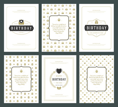 Happy Birthday greeting cards typographic design set vector illustration.