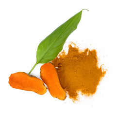 Turmeric powder and turmeric isolated on white background.top view