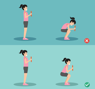 Woman Wrong And Squat Posture,vector Illustration