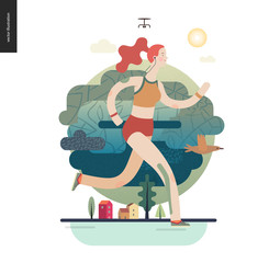 Runners - a girl running in the park - flat vector concept illustration of ginger young woman with headphones, sporting equipment and kinesio tapes.. Healthy activity. Park, trees, drone and houses