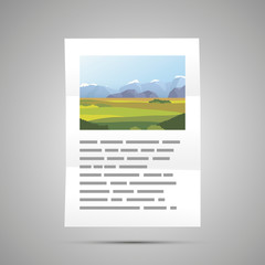 Book page with landscape illustration and text, A4 size document icon with shadow on gray