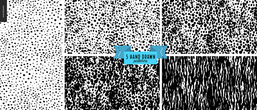 Set, hand drawn black, white pattern. Vector seamless pattern. Abstract background, dots. Monochrome texture cork, clay. Hipster graphic design. Endless vector backgrounds, simple textures - circles