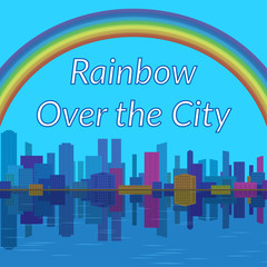Fototapeta premium Urban Landscape, Background with Megapolis City, Cartoon Buildings and Big Bright Colorful Rainbow in Sky Reflecting in Blue Sea. Eps10, Contains Transparencies. Vector