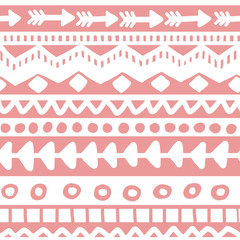 Naklejka premium Seamless pink and white geometric background. Ethnic hand drawn pattern for wallpaper, cloth, cover, textile